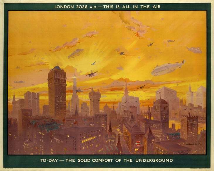 A vision of future London from the 1920s with tall buildings and flying cars