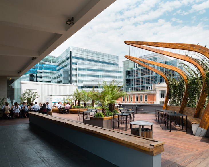 Best rooftop bars London: a rooftop bar with wooden decking