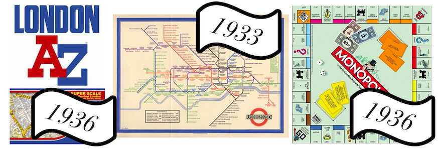 A trio of iconic London maps, the A-Z, Beck's tube map and the Monopoly board