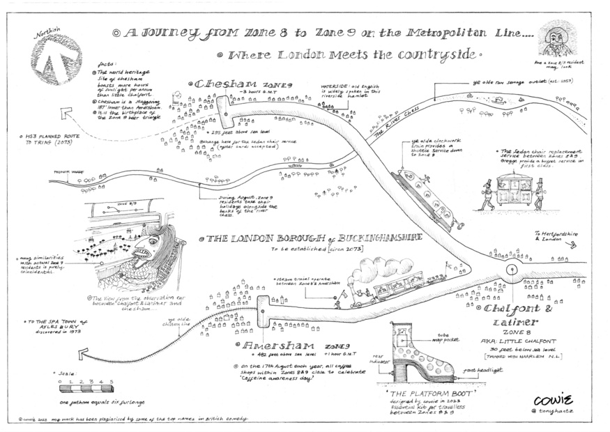 A hand drawn map of the Metropolitan line with all kinds of crazy cartoon things going on