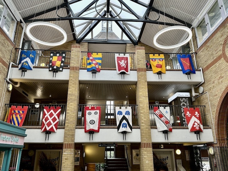 Flags of medieval knights in the Spries Centre, Barnet