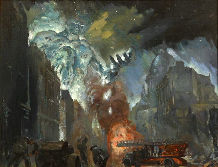 A painting of London in the Blitz - a grey plume of smoke forming a monster