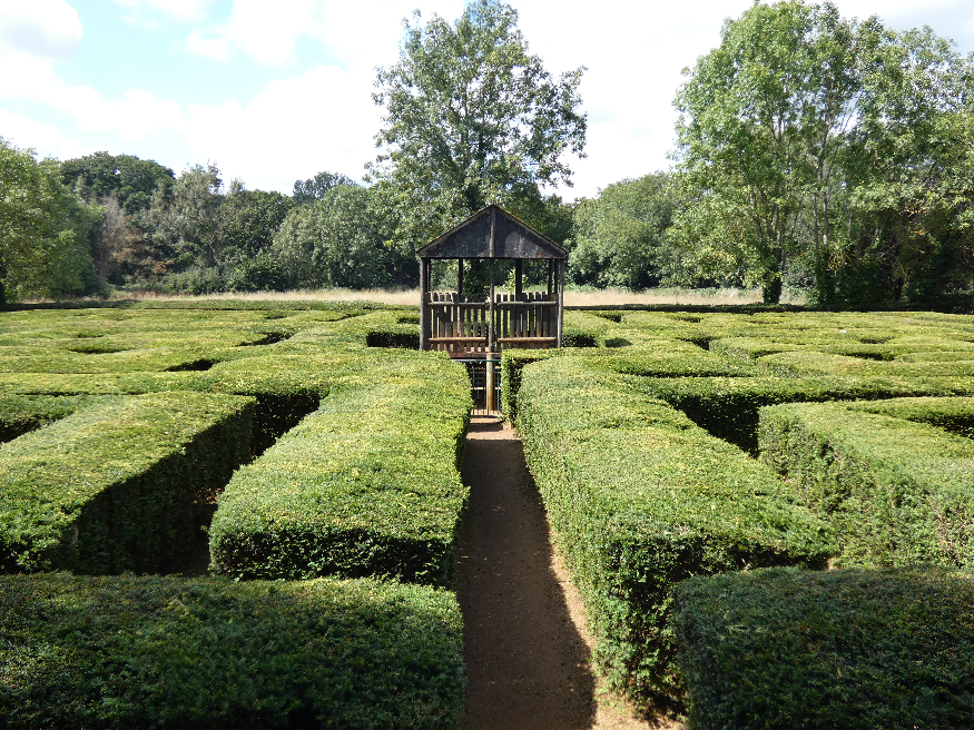A raised wooden hut in the centre of a maze made of hedges.
