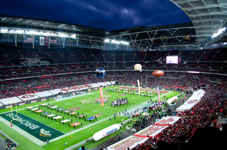 NFL in London: NFL teams and mascots in formation on the pitch at Wembley before a game starts.