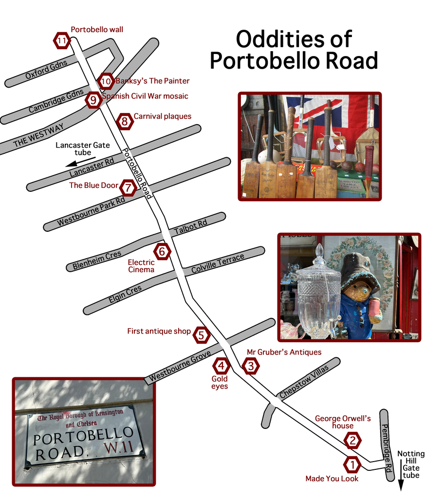 A map showing the locations of 11 oddities along Portobello Road