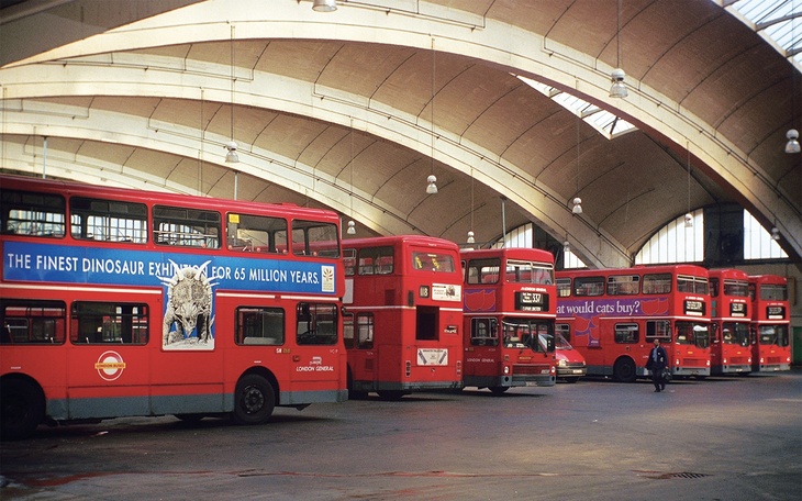 Red buses beneath a stunning concrete roof