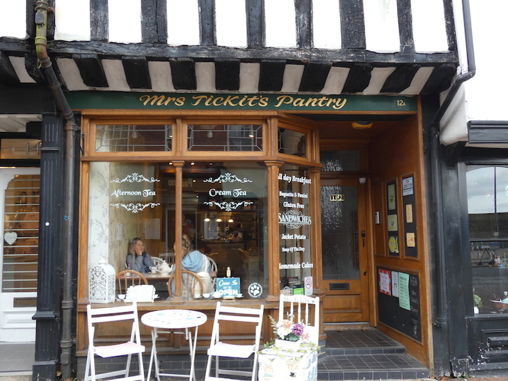 The exterior of Mrs Tickit's Pantry tea rooms, in a black and white gabled building