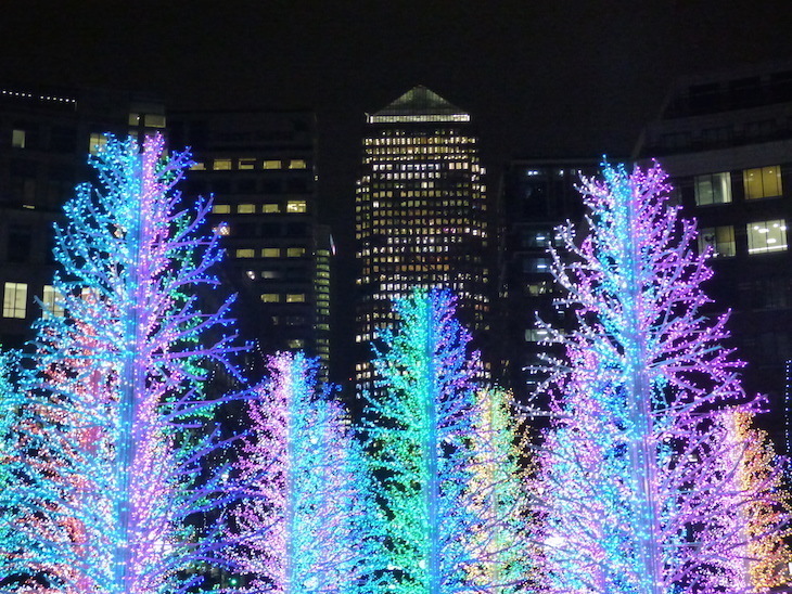 A forest of glowing fake trees in various pastel colours, in front of the One Canada Square skyscraper