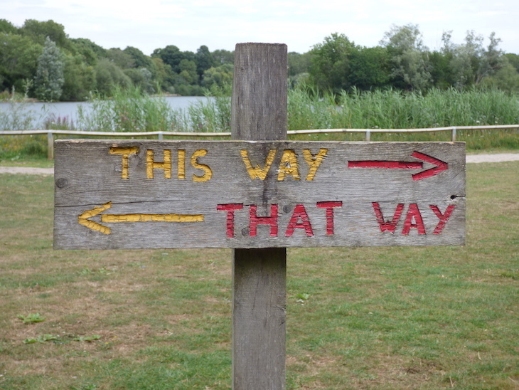 A handcarved wooden sign reading 'This way. That way' with arrows pointing in opposite directions.