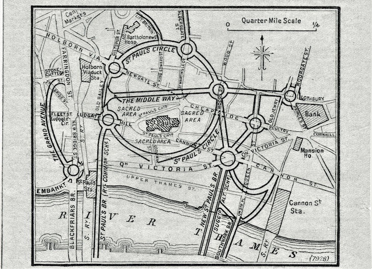 A black and white plan showing how roads could be improved around St Paul's