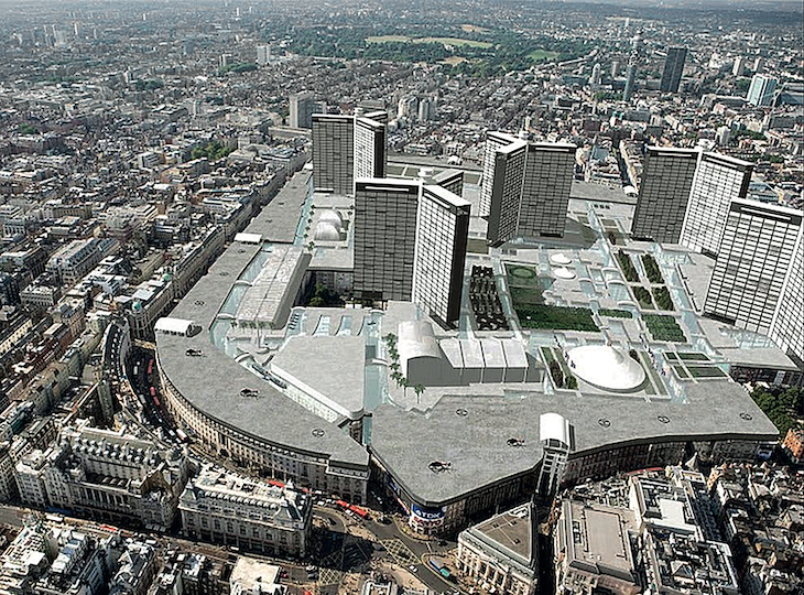 A redeveloped Soho of concrete and tower blocks in a concept image