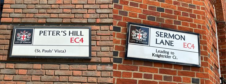 Signs for Peter's Hill and Sermon Lane