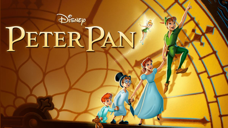 The characters from Peter Pan in front of the golden dial of the big ben clockface