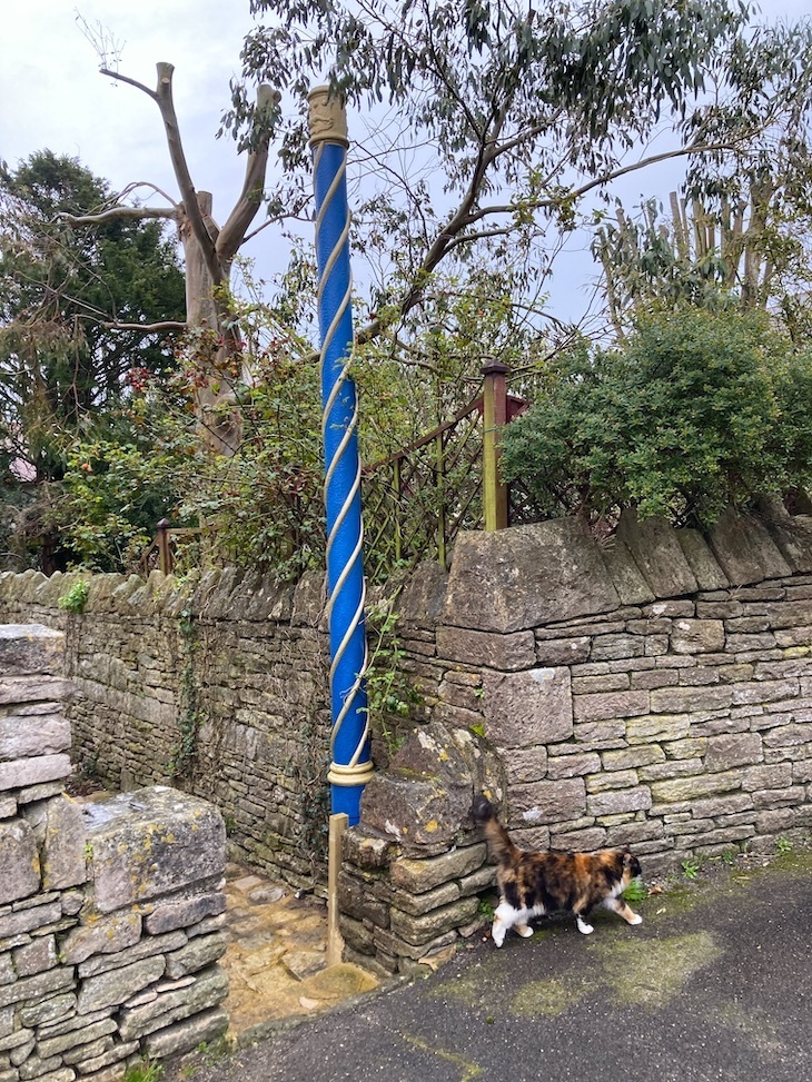 A blue pole with helical twist standing in an alleyway with a cat at the foot