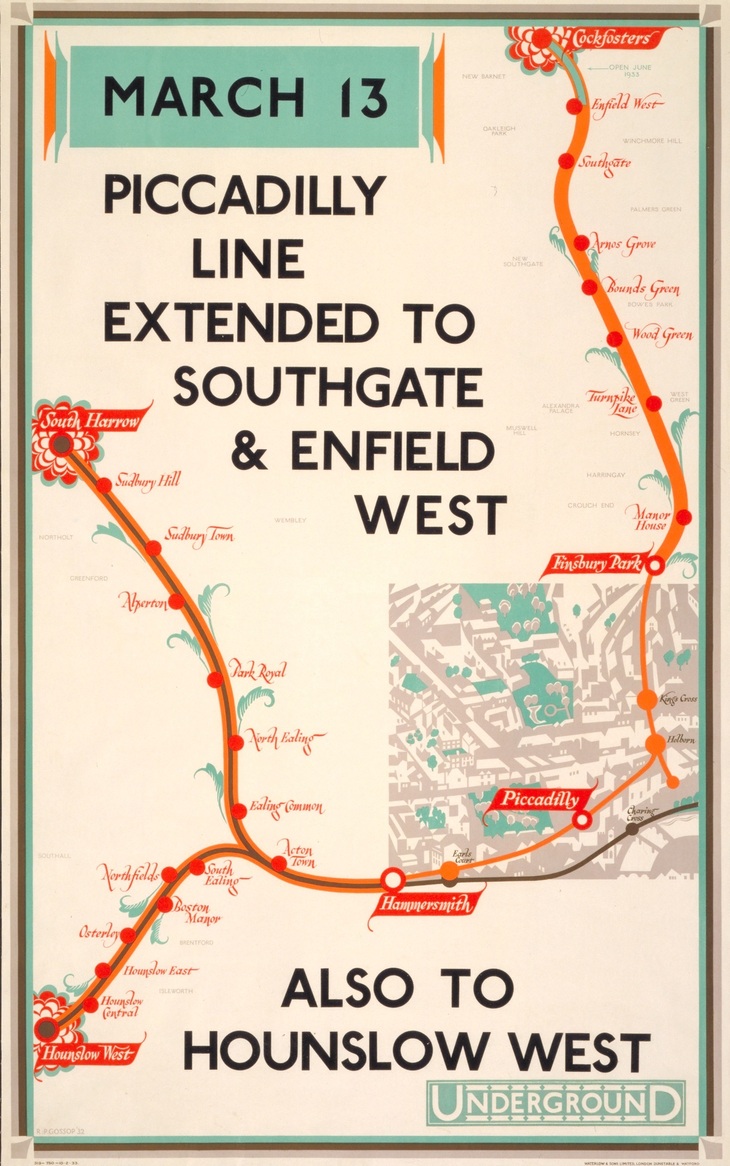 A 1930s posters showing the Piccadilly line extension route