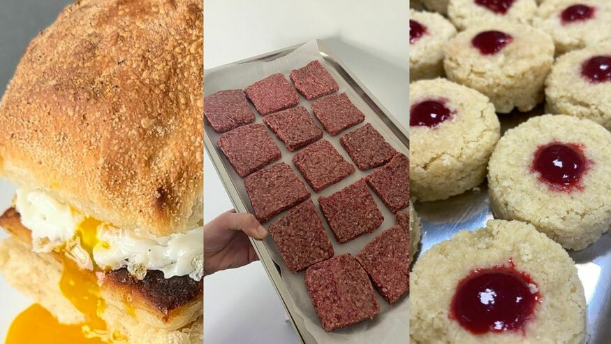 A range of foods - a crispy bread roll, square sausage and jammy top cakes