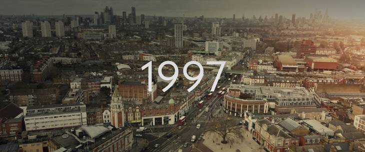 A shot of Brixton purporting to be from 1997, but it's really a modern shot as can be seen from the skyline