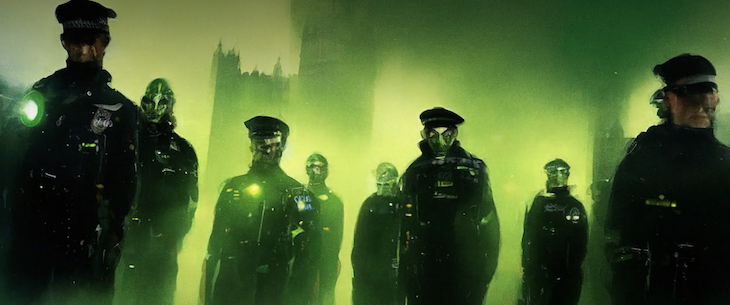 Titles of Secret Invasion showing british police in front of the houses of parliament