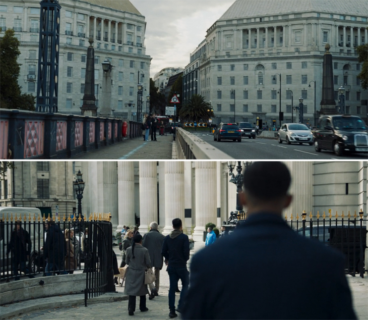 Two images from episode 3 of secret invasion, showing (top) Lambeth Bridge and Thames House, (bottom) Gravik emerging from Trinity House