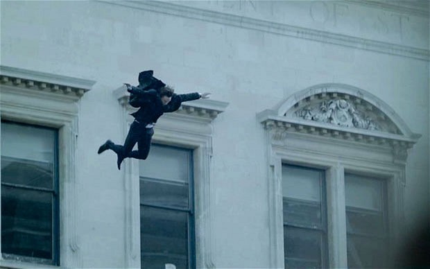Holmes plummets from St Bart's in this still from Sherlock.