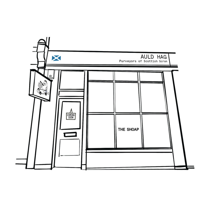 A pen and ink drawing of the shop