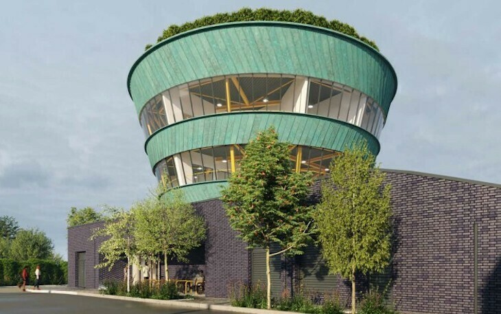 A green cone shaped tower which will sit over the northern portal of the silvertown tunnel