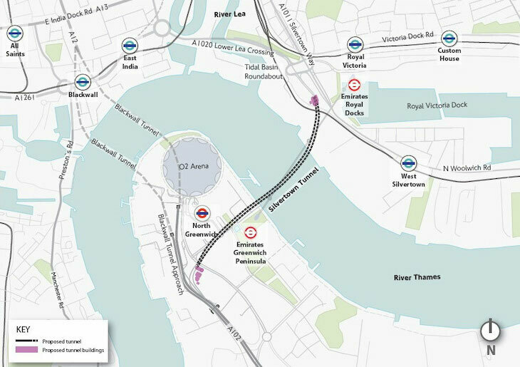 Route map of the Silvertown Tunnel from North Greenwich to the Royal Docks