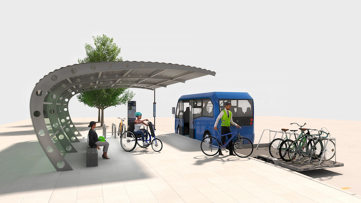 Mock up of a swooshing bus shelter, and people getting onto a blue bus with their bikes