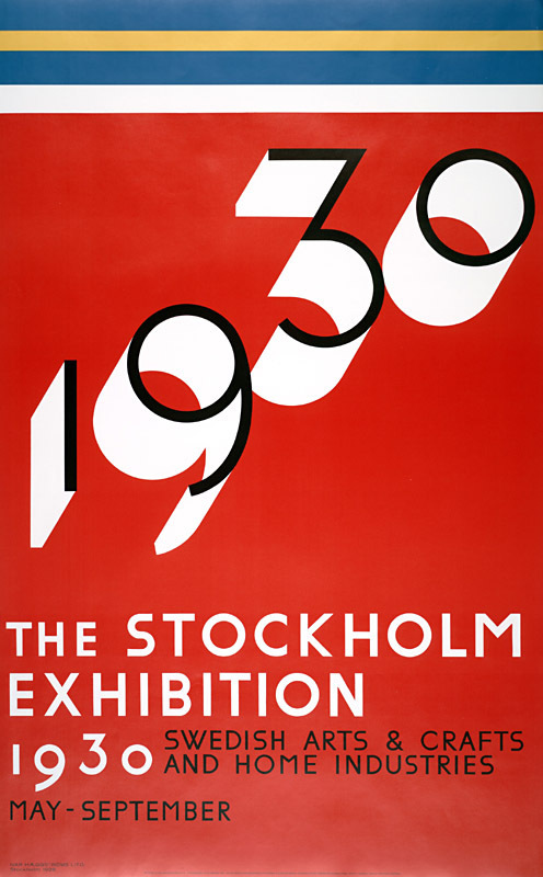 A stylish red poster for the Stockholm 1930 exhibition