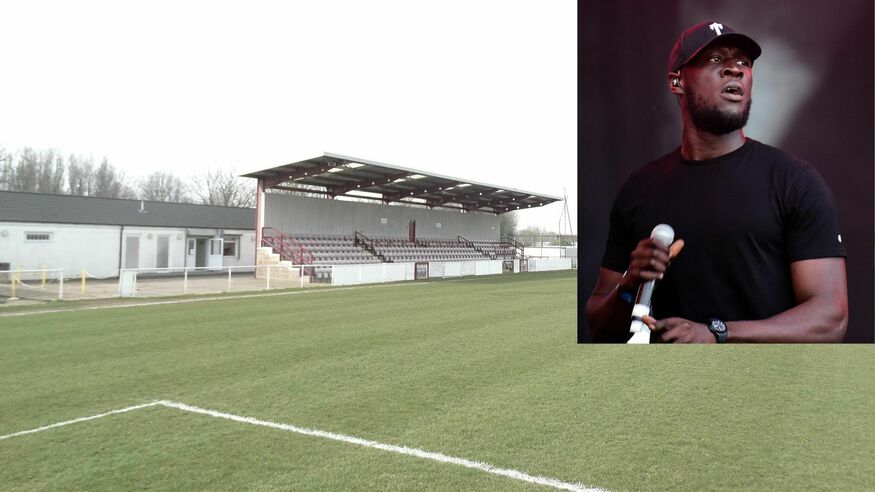 A lower league football pitch with Stormzy super imposed