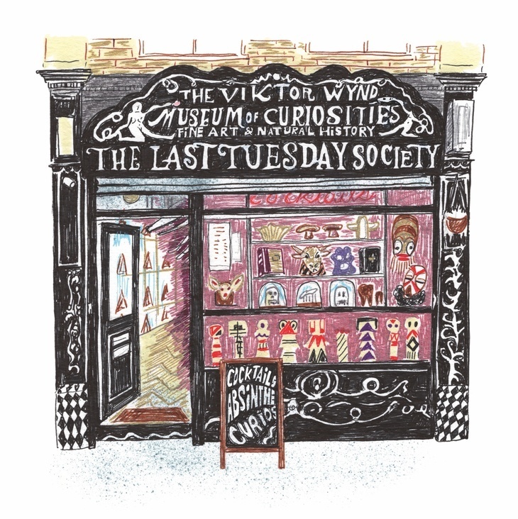 An illustration of the boutique shopfront of the Last Tuesday Society, filled with oddities