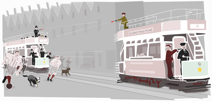 A cartoon of a tram chase, with shots being fired