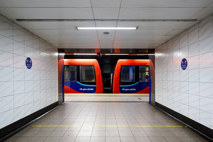Two DLR trains facing one another