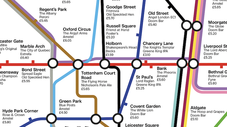 A close up of a tube map with pint prices