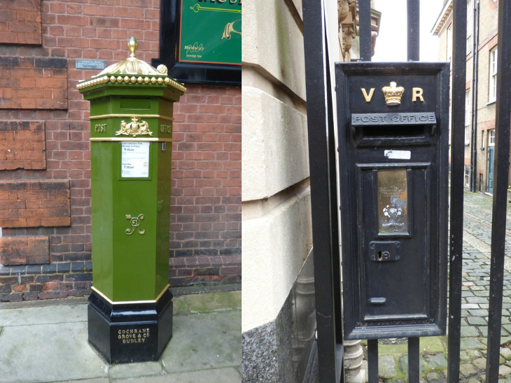 A composite image of a green and gold hexagonal postbox (left), and a black rectangular postbox mounted to railings (right), both from the Victorian era