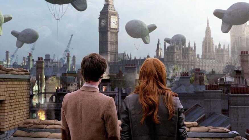 The 11th Doctor and Amy look out on wartime London with lots of barrage balloons