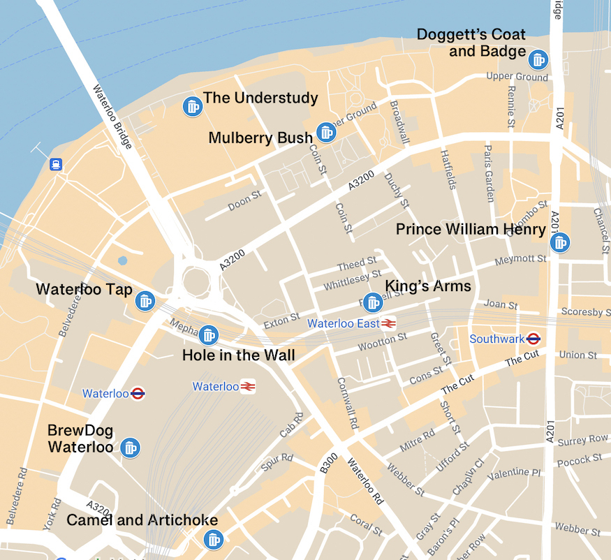 A map showing nine excellent pubs in the Waterloo and Southbank area of London