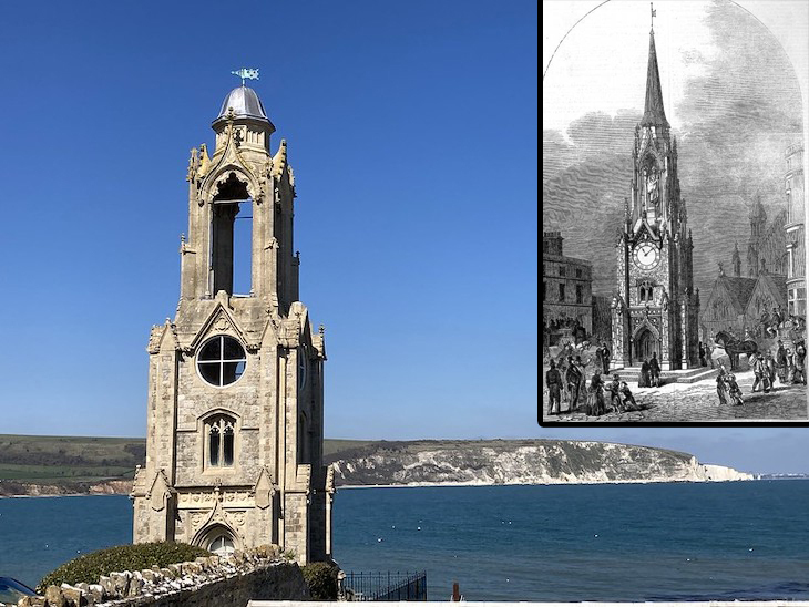 A Gothic clock tower on the coast with an inset black and white illustration of its original setting in Southwark