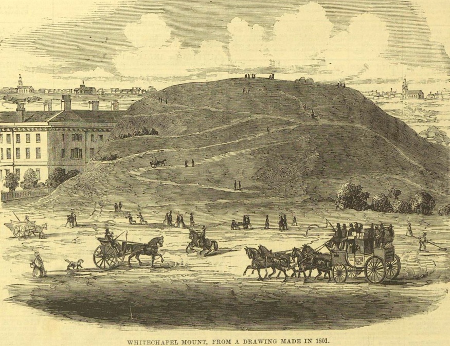 An old etching of the hill with horses and carriages driving below it