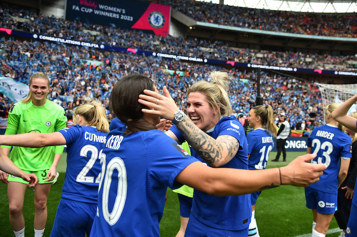 Smiling women footballers in blue kit in a stadium