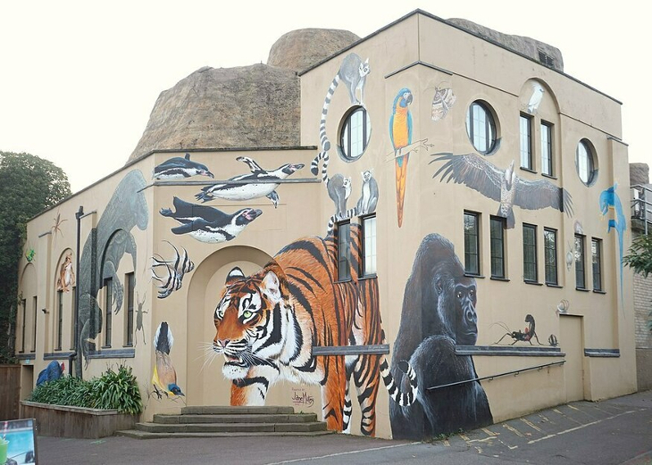 Exterior of the former aquarium building at London Zoo, now covered in murals of animals including a tiger a gorilla, and penguins.