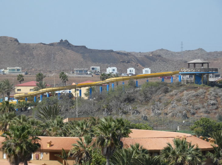 Corralejo in Fuerteventura: a long yellow waterslide, part of the Acua Water Park in Corralejo