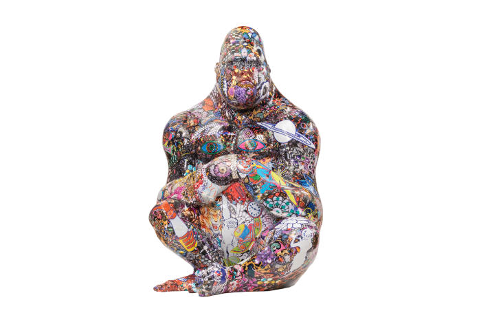 A gorilla sculpture coloured in a variety of colourful motifs including planets, a clockface, a pair of eyes and a peacock.