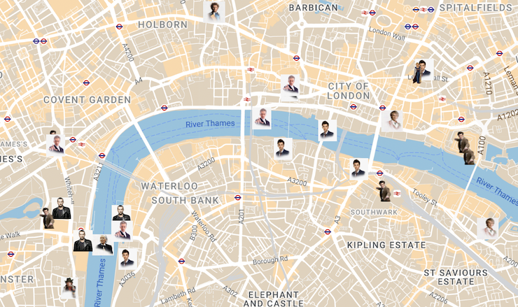 A map of central london with doctor who locations pinned