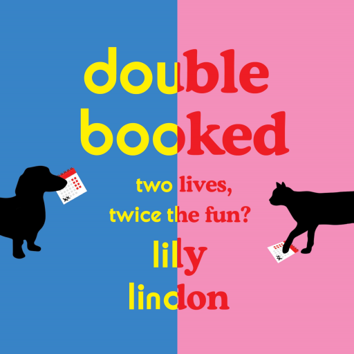 Bright blue and pink cover with the silhouettes of a dog and cat
