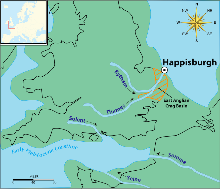 A map of early Pleistocene england showing the course of the thames running north through east anglia to Happisburgh