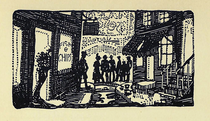 Wood etching of people outside a pub/fish and ship shop at night