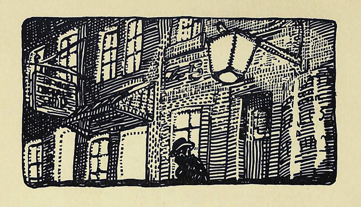 An woodcut showing a man in a hat walking down a lamplit street at night