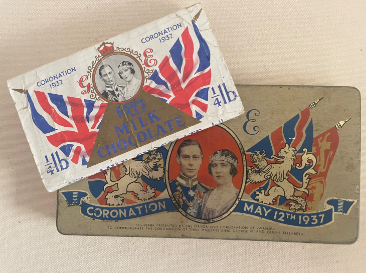 Coronation events in London: a commemorative tin and bar of chocolate marking the coronation of King George VI in 1937.