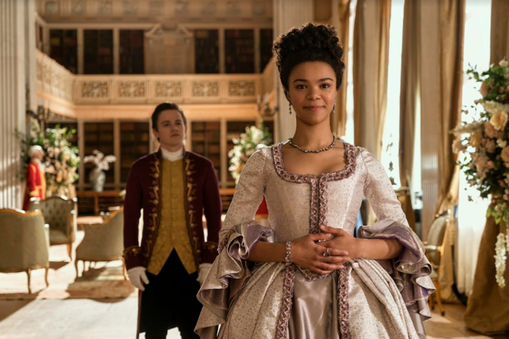 A freeze frame from Netflix show Queen Charlotte: A Bridgerton Story, of a scene which was filmed at Blenheim Palace